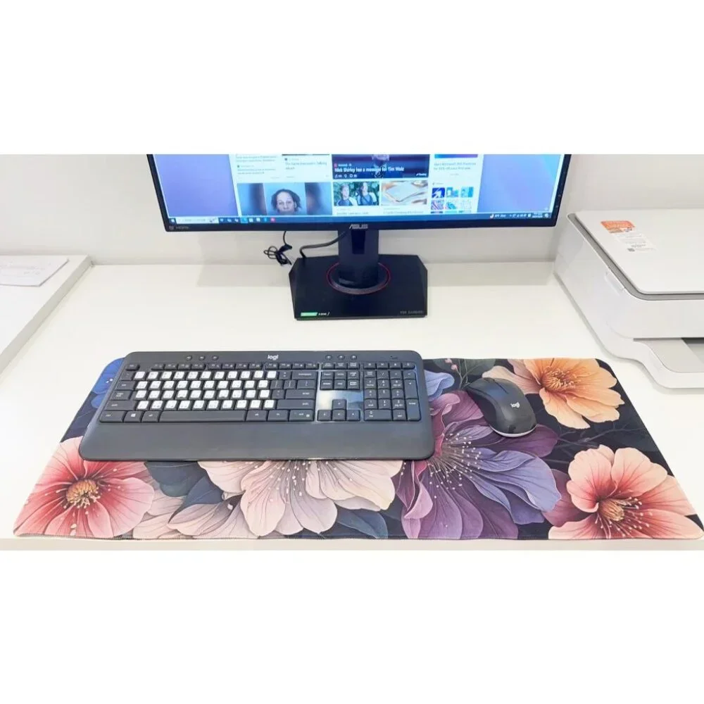 Bold Flower Print Long Mouse Pad Dark Background Anti-Slip Large Desk Mat